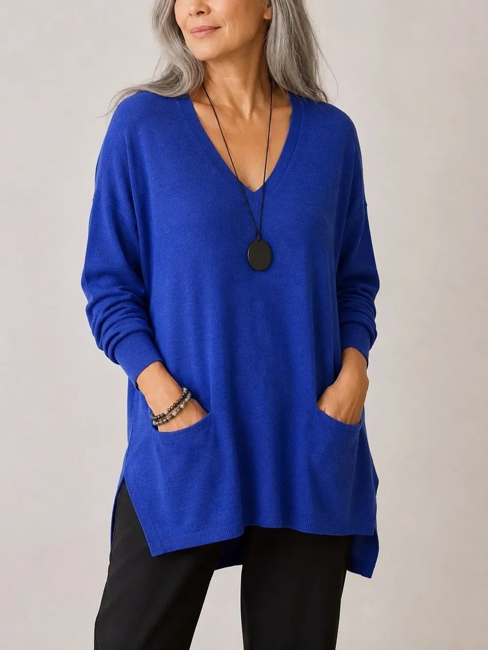 Eileen Fisher Merino Wool Tunic Sweater Medium Blue V Neck Pockets Oversized